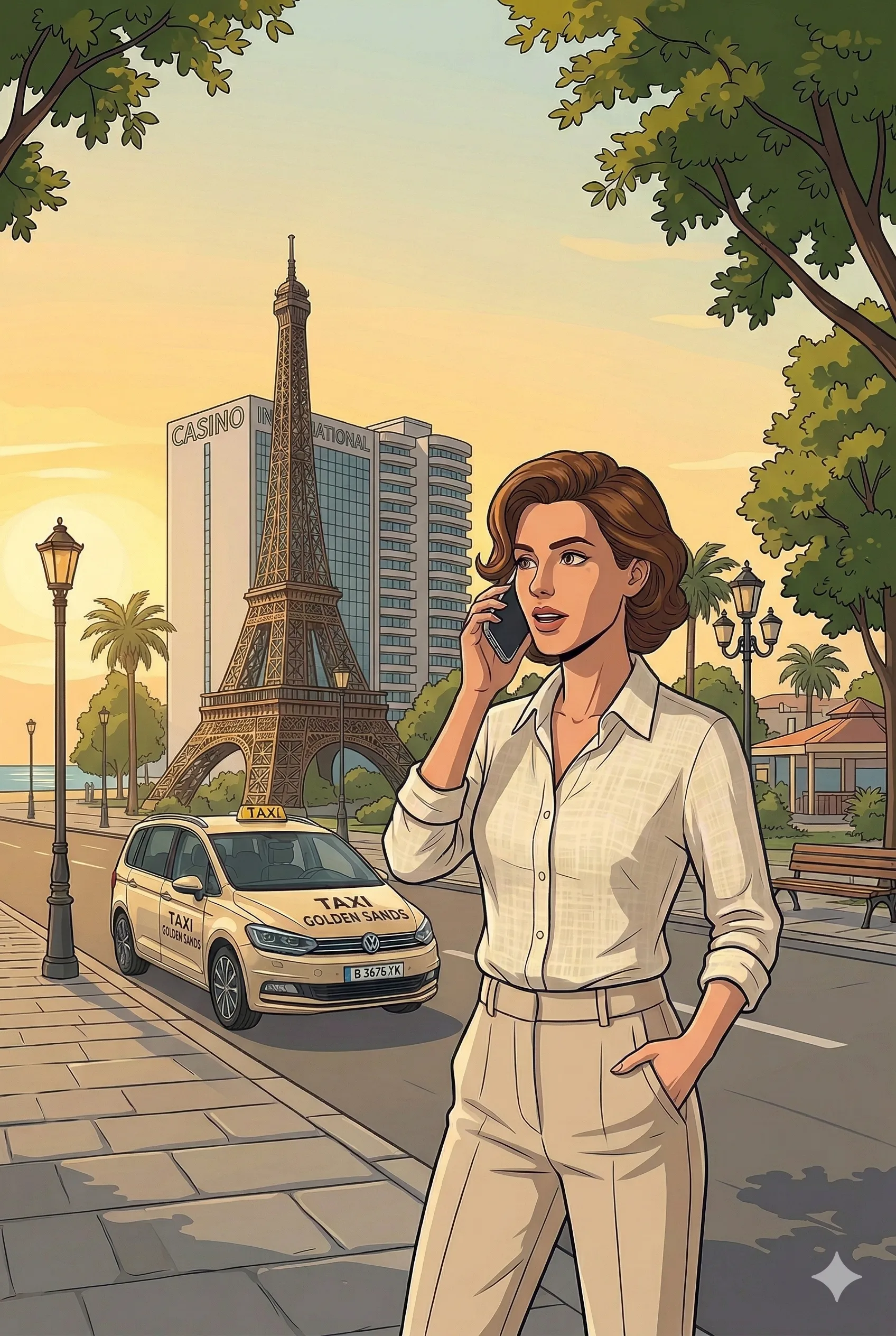 Taxi Golden Sands VW Touran with woman at Golden Sands sunset